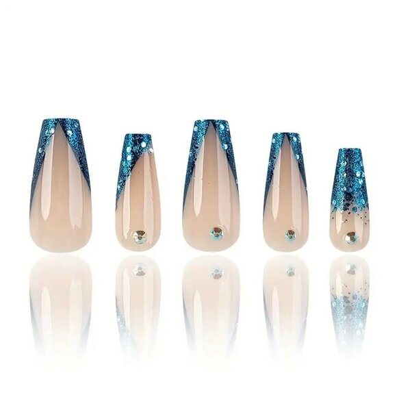 Nails Blue Glitter Gems Fake Press On 24 Sexy Glam Rhinestone Reusable Sparkle - Picture 3 of 7
